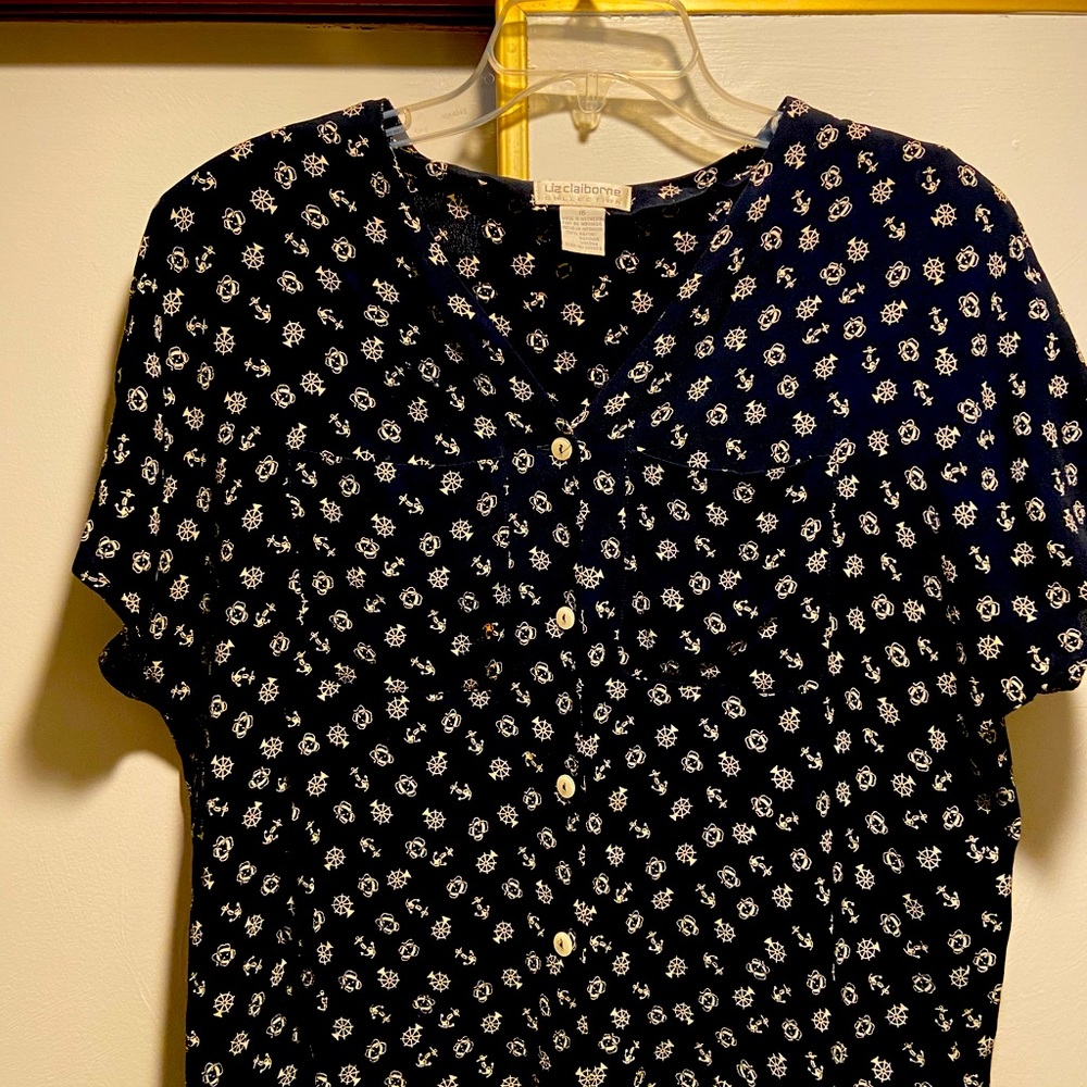 Liz Claiborne Collection, size 16, sailor print, two breast pockets on shirt